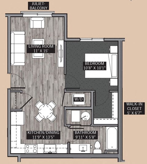 Floor plan for 1 bed, 1 bath, 622 sqft
